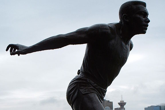 Bronze statue of African-Canadian man in a sprinting pose, Harry Jerome 