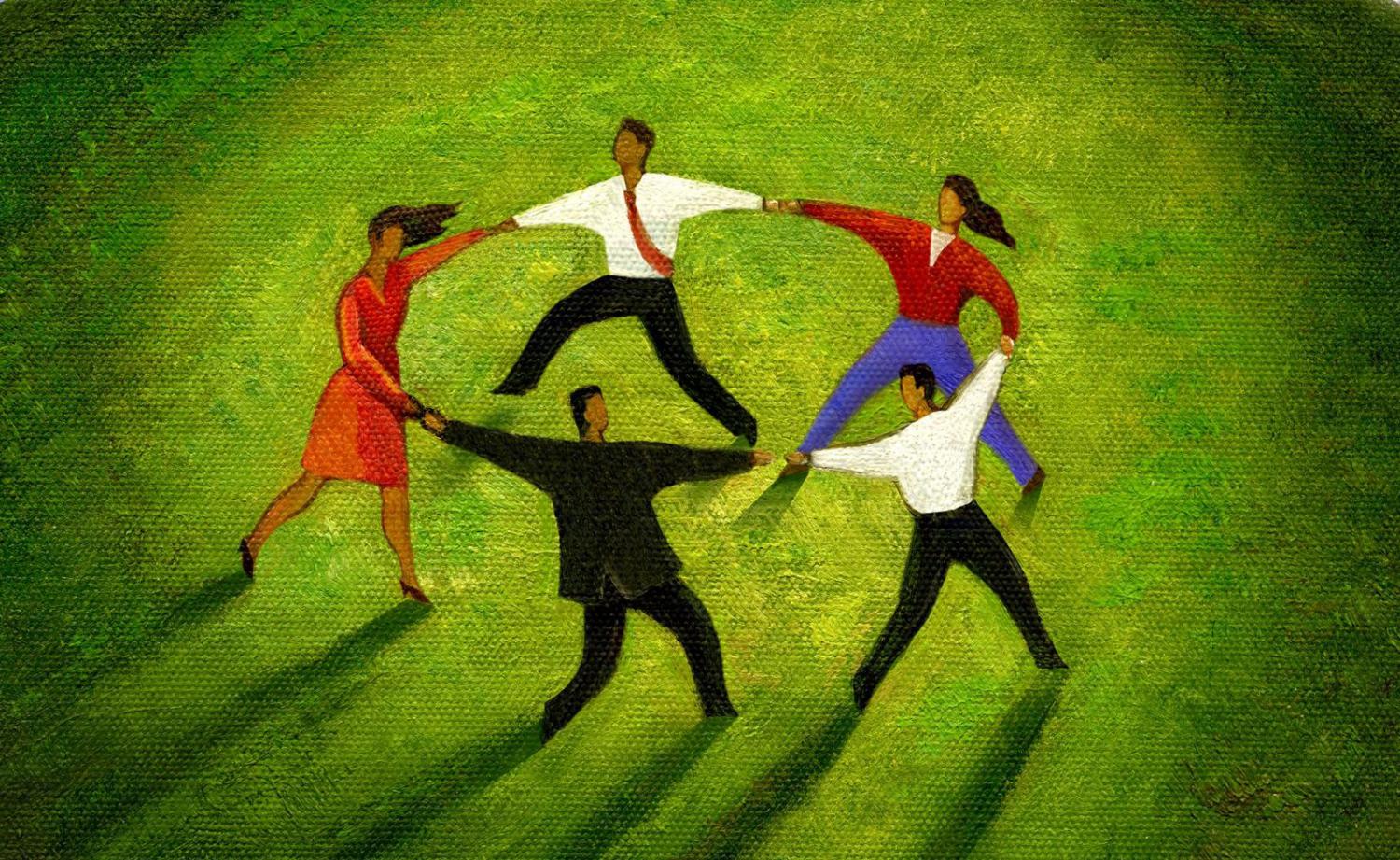People-band-circle Oil pastel artwork of a group of people holding hands in a circle