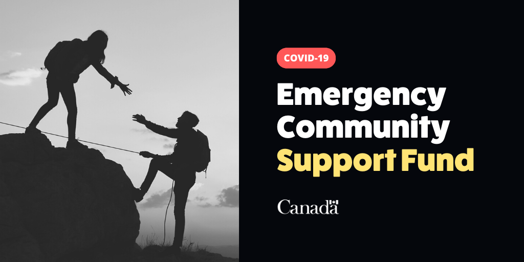 Half and half graphic of a black and white mountaineer assisting another climber on one half, with the text "Covid-19 Emergency Community Support Fund" on a black background on the other half 