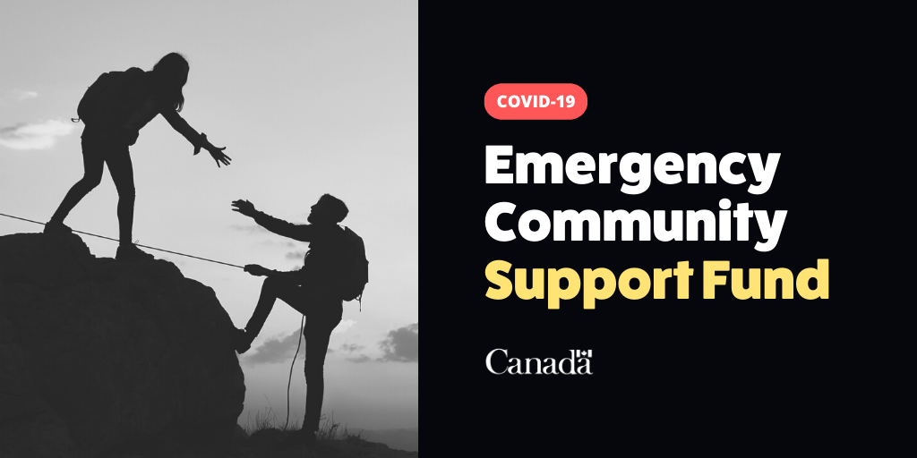 Shareable-1 Half and half graphic of a black and white mountaineer assisting another climber on one half, with the text "Covid-19 Emergency Community Support Fund" on a black background on the other half