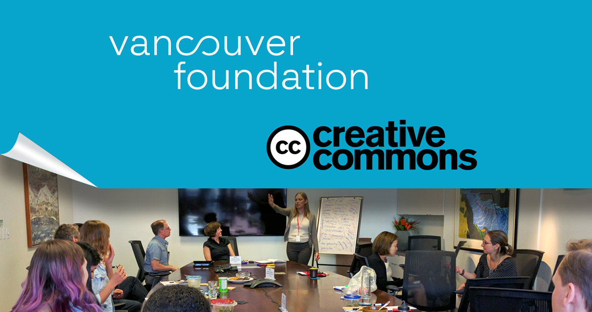 A diverse group of people holding a dynamic conversation in a board room, a blue banner overtop the top half of the image with the text "Vancouver Foundation cc Creative Commons"