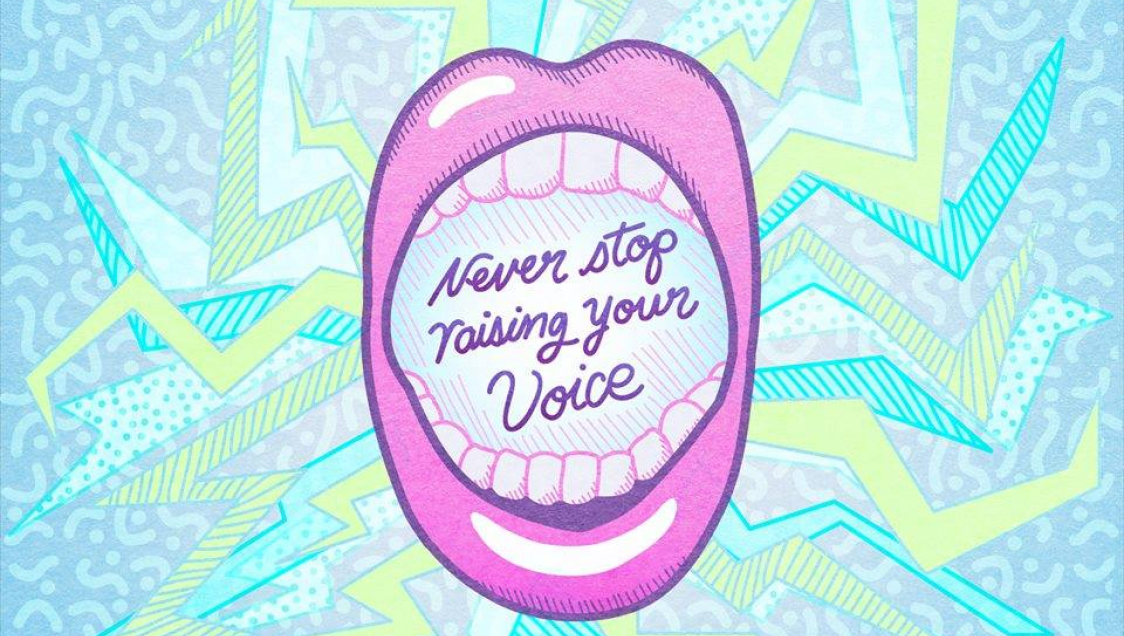 voice_featuredgrants Graphic of a wide open pink mouth on a blue and green lightning-bolt background with the text "Never stop raising your voice" in purple cursive
